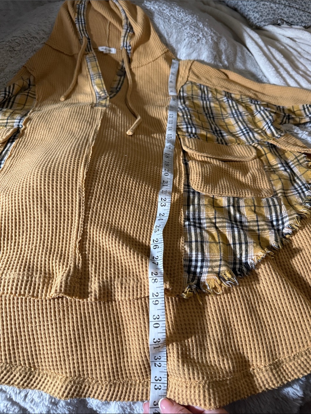 Oli & Hali Mustard Yellow Waffle-Knit Hoodie with Plaid Panels - Picture 5 of 6